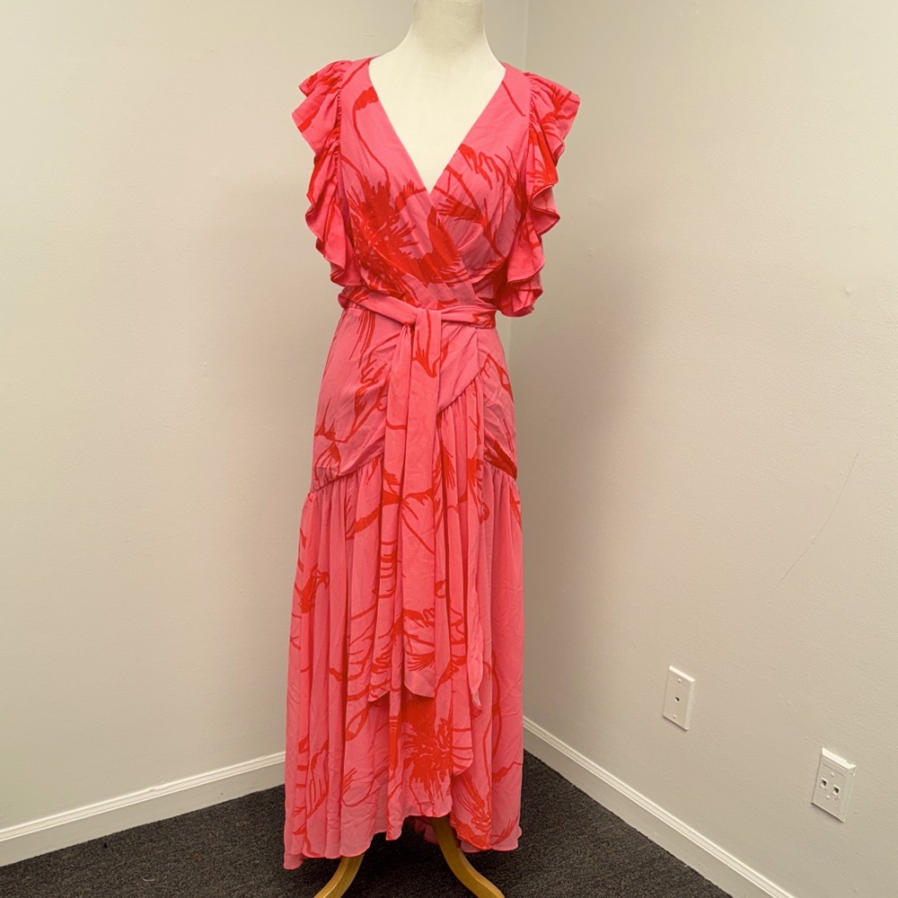 Hutch Pink and Red Floral Wrap Maxi Dress with Ruffle Shoulders